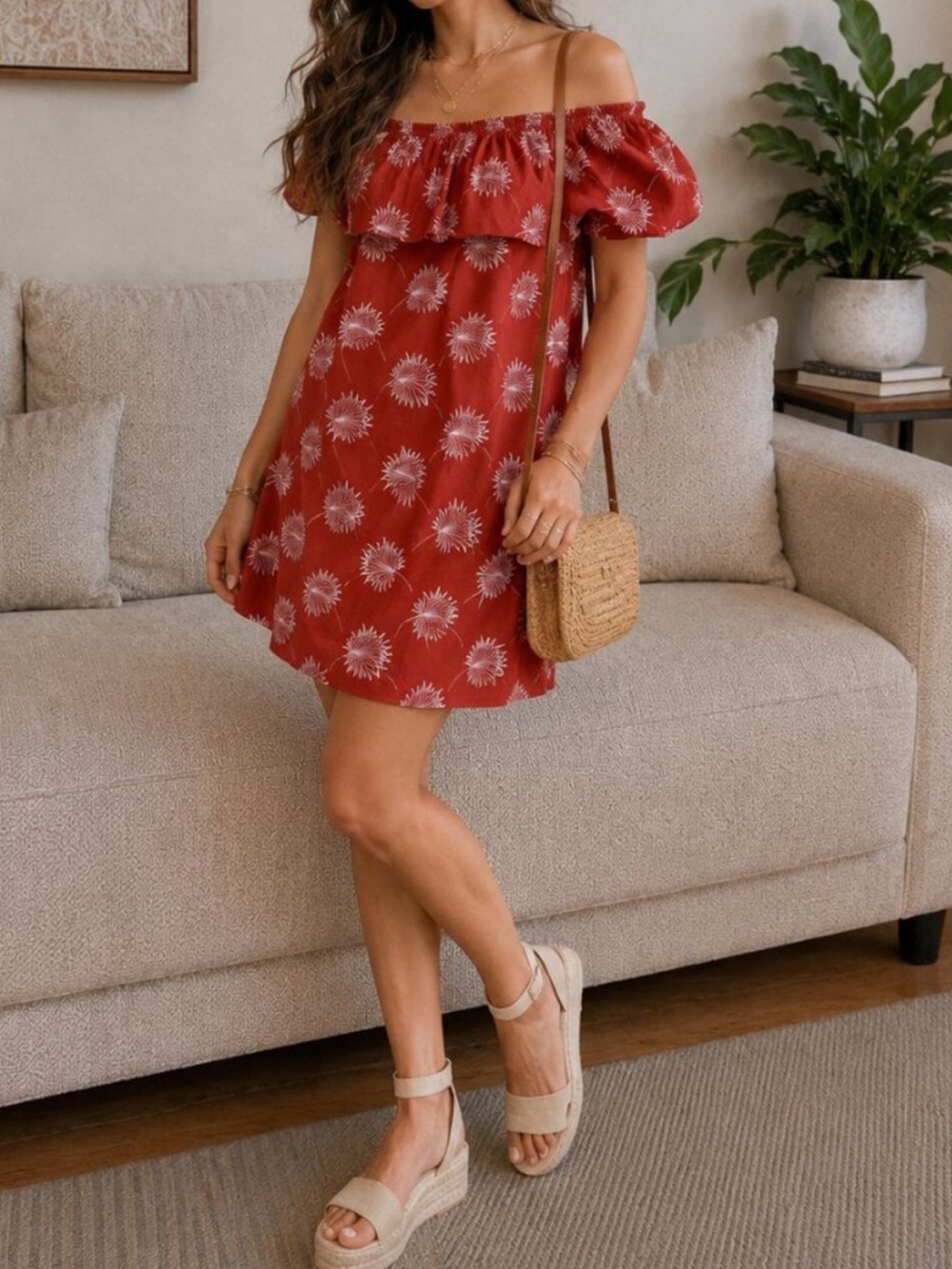 Madewell Silk Off-the-Shoulder Dress in Red Palmflower Print. Size Medium.